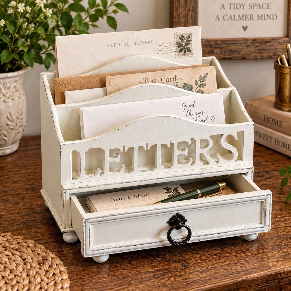 Vintage White Wooden Letter Organizer Mail Holder Drawer Farmhouse Office Decor